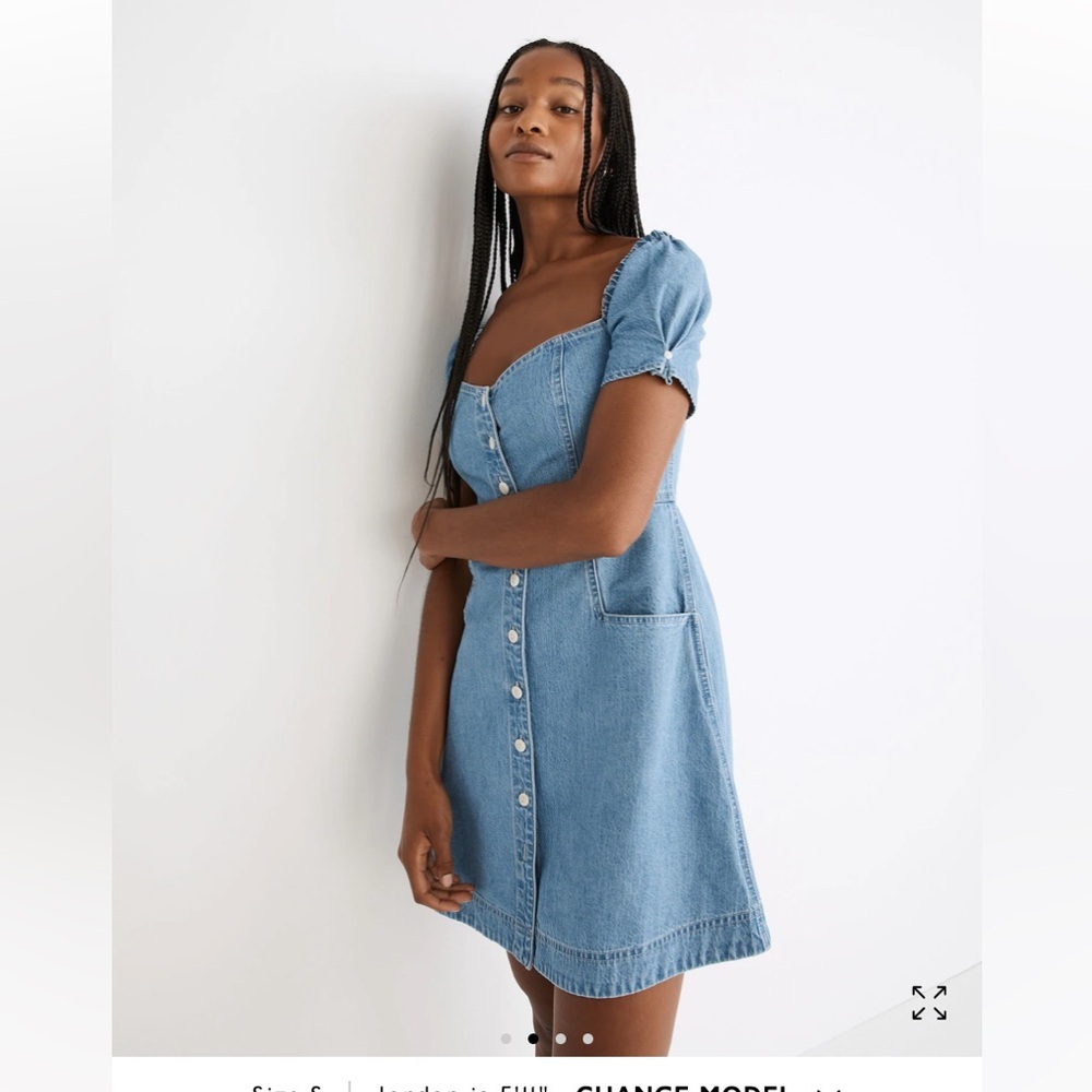 Madewell Denim Button Front Puff-Sleeve Mini Dress Size 12 - Picture 2 of 11